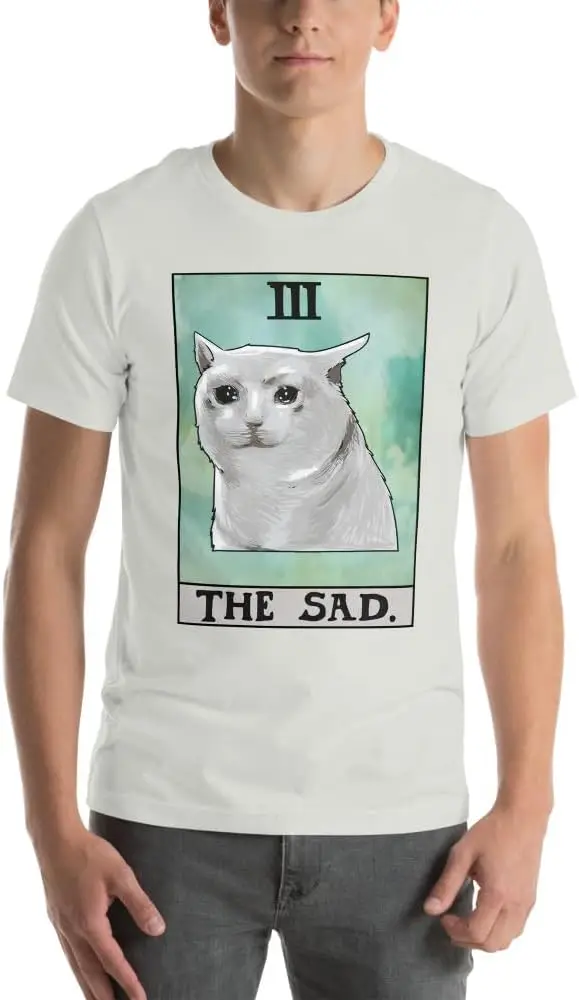 Милые футболки с принтом грустного белого плача и кота Y2K топы унисекс летние