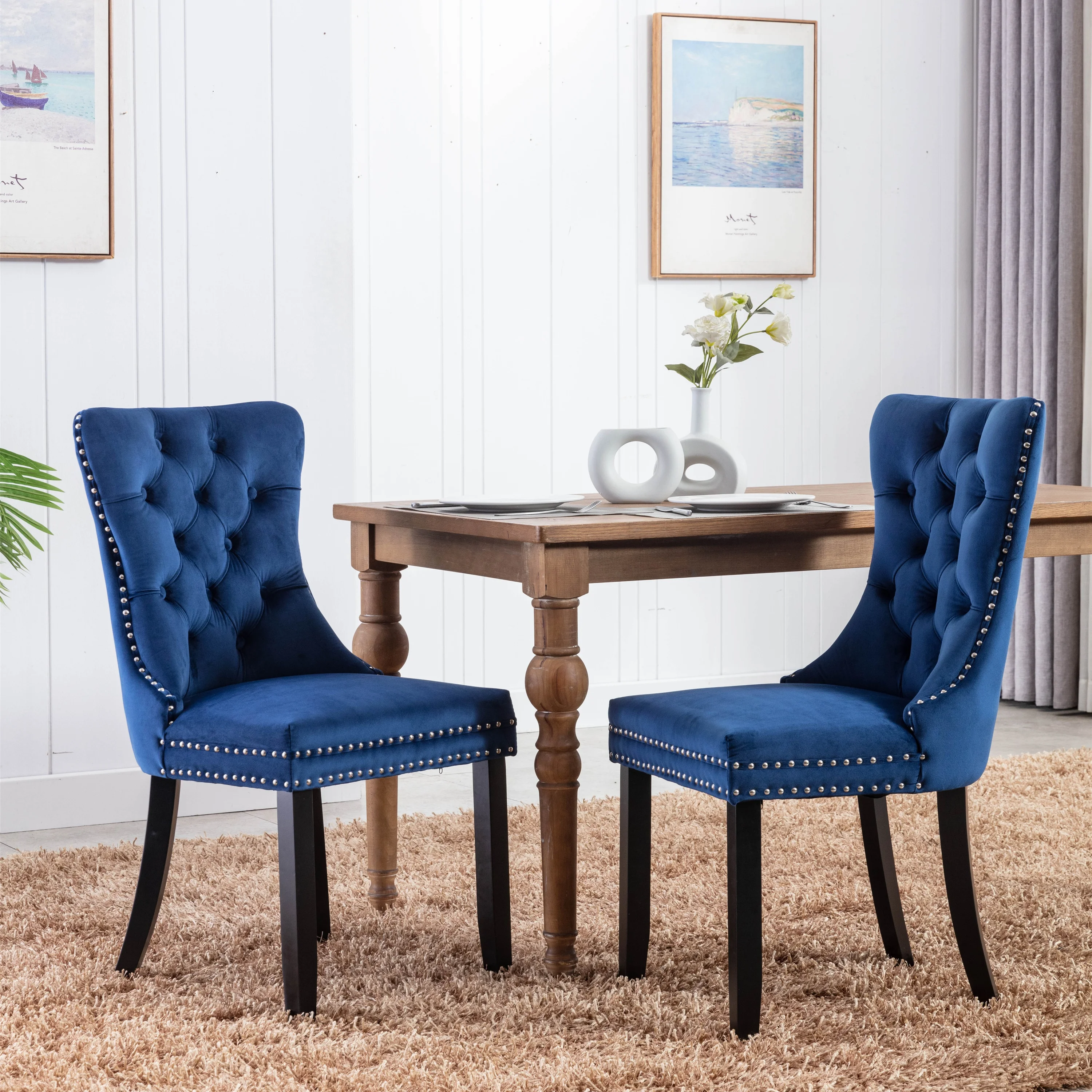 

2Pcs Furniture Modern High-end Tufted Solid Wood Contemporary Velvet Upholstered Dining Chair with Wood Legs Nailhead Trim Blue