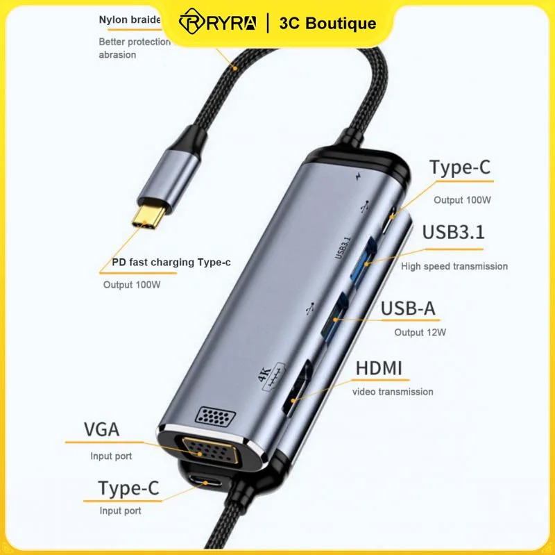 

Портативный концентратор RYRA USB 3. 0 Type-C HDMI-совместимый мультиразветвитель адаптер 4K Thunderbolt 3 USB C концентратор для ПК Аксессуары