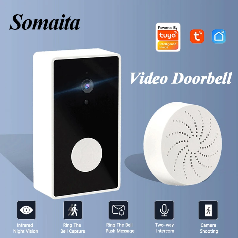 Somaita Tuya Wireless Doorbell Infrared Night Vision 2-Way Video Intercom Loud Volume Cellphone Remote WIFI Outdoor Door Bell