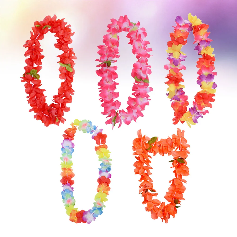 

5 Pcs Hawaiian Necklace Costume Accessory Hawaii Flower Leis Garland Tropical Party Floral Leis Luau Necklace Leis Neck Garland