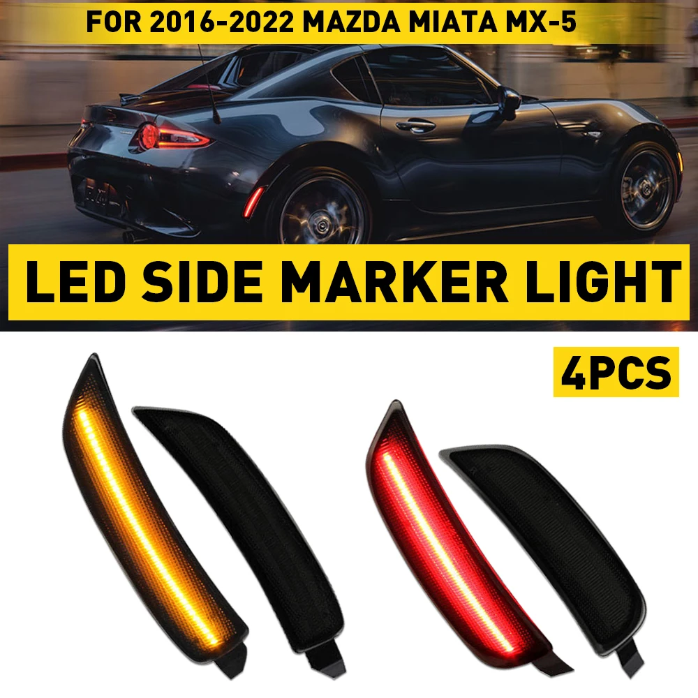 

4 светодиодных боковых габаритных огня на крыло, желтый, красный для Mazda Miata MX5 2016 2017 2018 2019 2020 2021 2022 аксессуары, лампа бампера