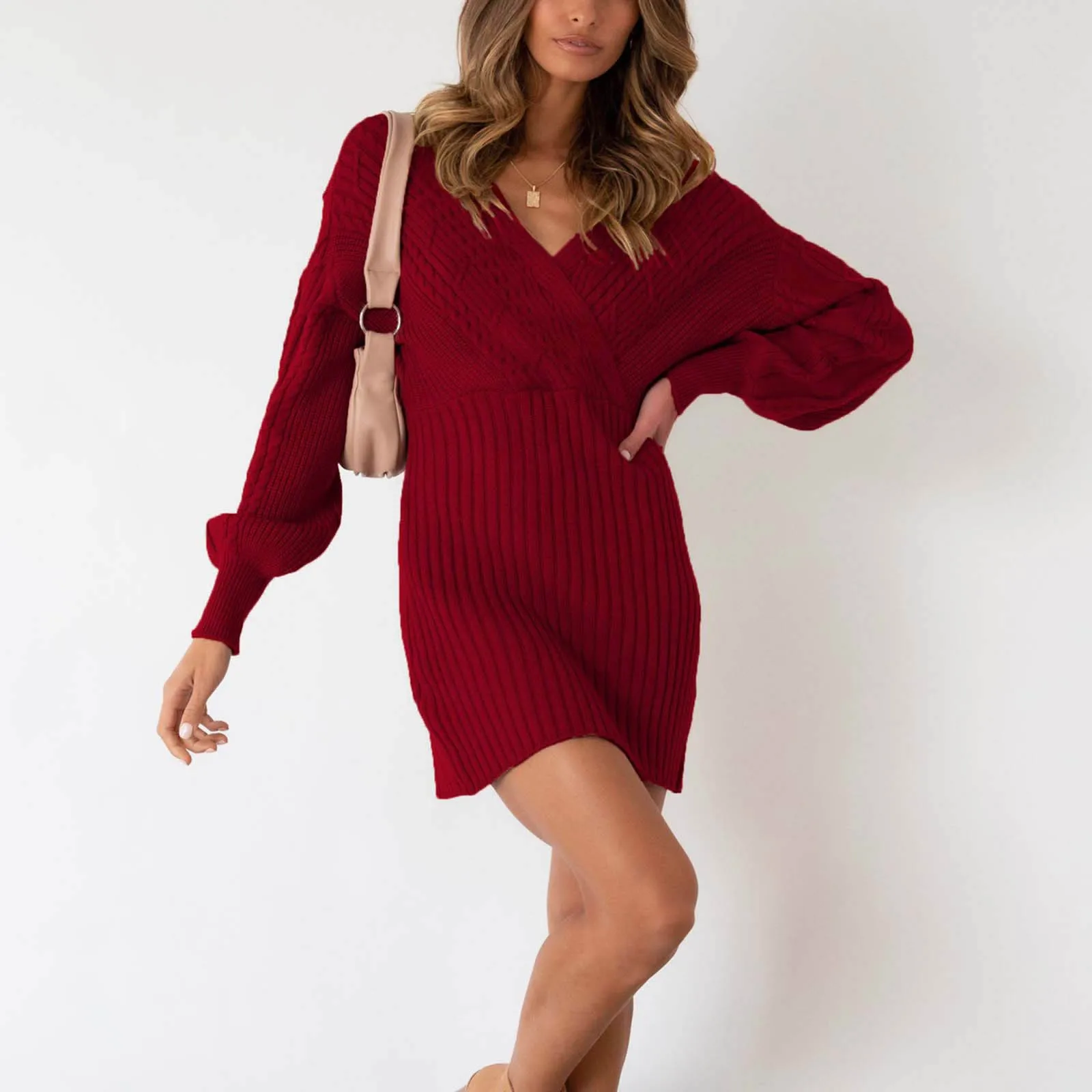 

Ladies Knitted Dress V Neck Sexy Twist Mid Length Women's Sweater Hip Skirt for And Flare Dress Vestidos Mujer Robes