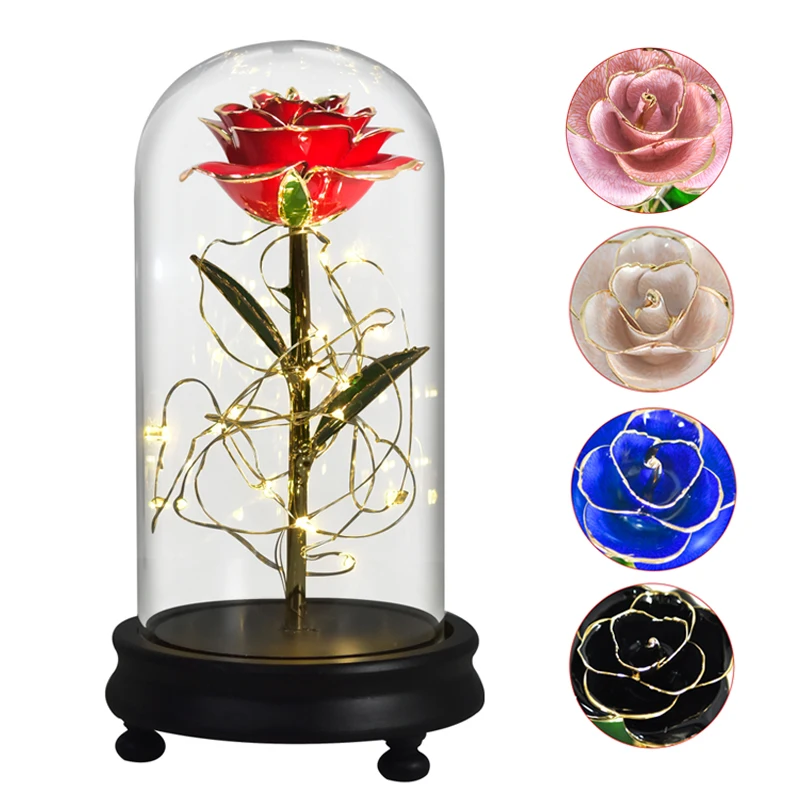 

Beauty and The Beast 24K Gold Dipped Rose Forever Flower LED Light Artificial Flower In Glass Dome Wedding Valentine Mother Gift