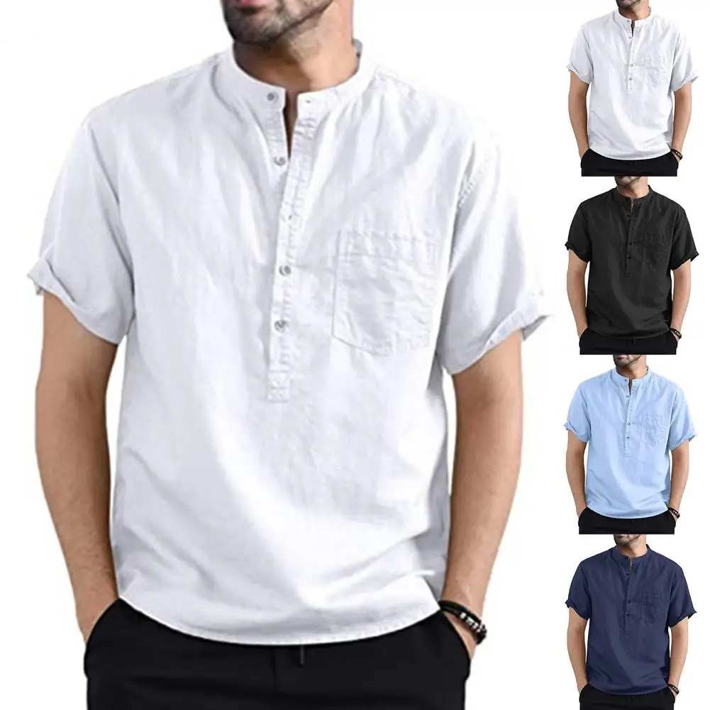 

Solid Color Stand Collar Casual Men Shirt Breathable Pullover Summer Top All Match Loose Short Sleeve Men Top For Daily Wear