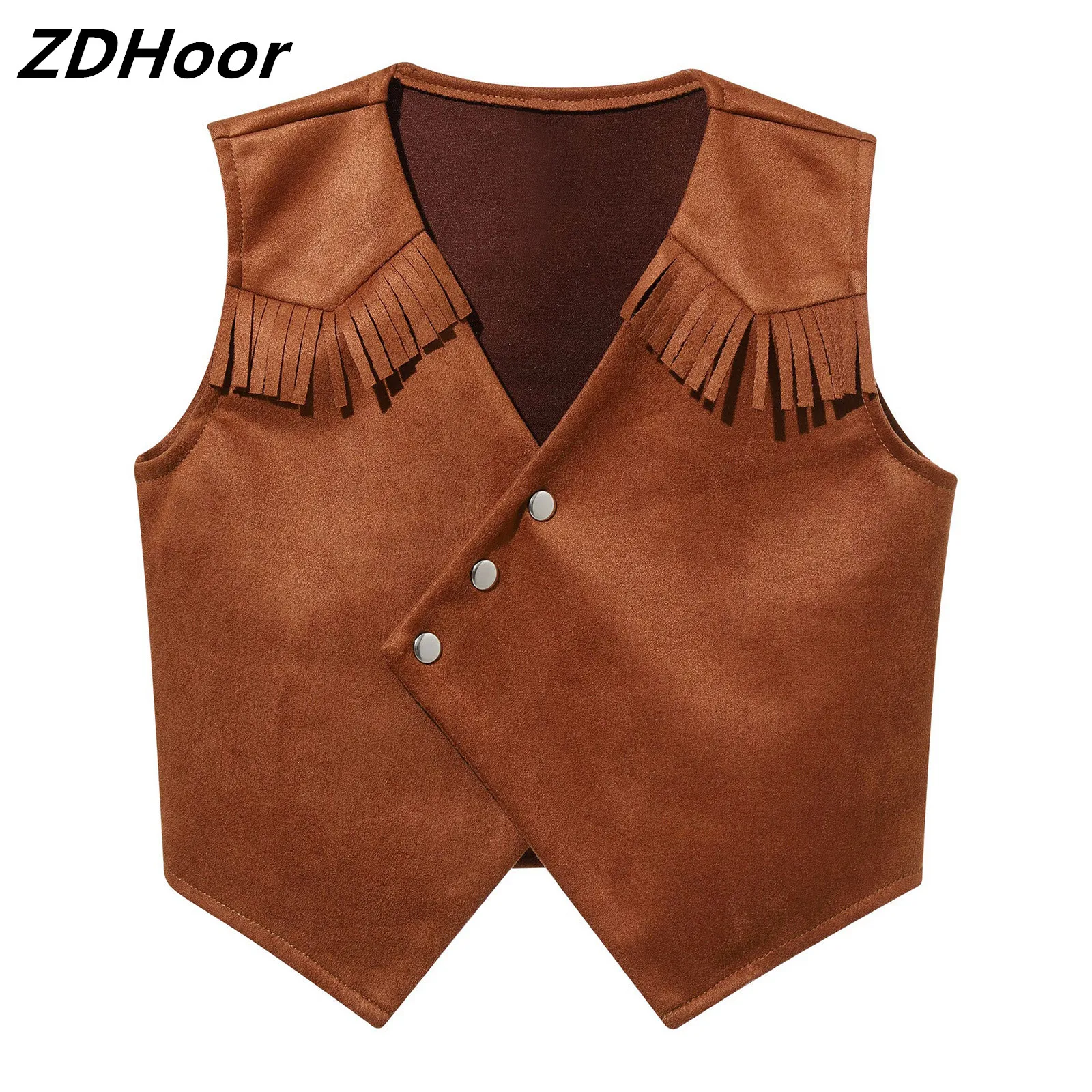 

Brown Kids Boys Western Cowboy Cosplay Costume Pointed Hem Press Buttons Fringe Tassels Vest for Theme Party Performance