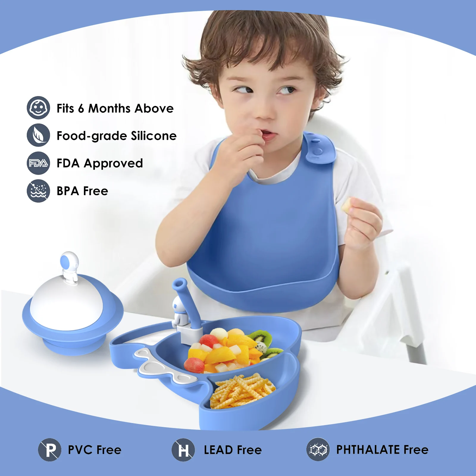 Silicone Baby Feeding Set Cartoon Non-slip Baby Bib Sucker Bowl Plate Cup Spoon Fork Sets Divided Plate Feeding Tableware