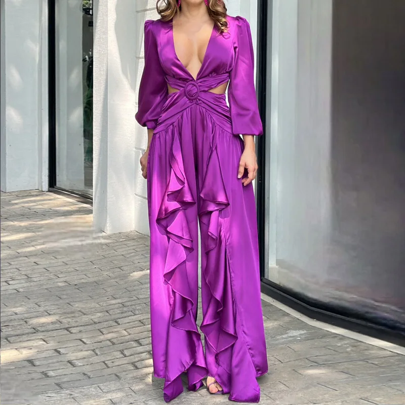 Women's V-neck Hollowed-out Three-quarter Sleeve Waistband Jumpsuit Professional Spring And Summer Purple Fashion Women's Dress