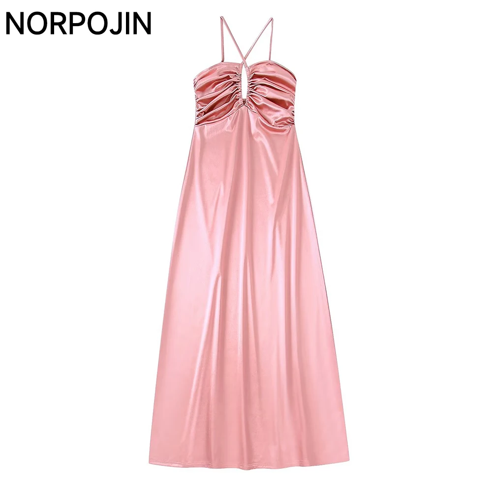 

Women Elegant Pink Shiny Midi Dress Chic Lady Fashion Flowing Long Camisole Dress for Party Prom Y2K