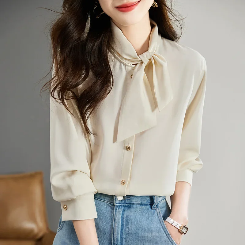 Элегантная однотонная женская рубашка с длинным рукавом художественный