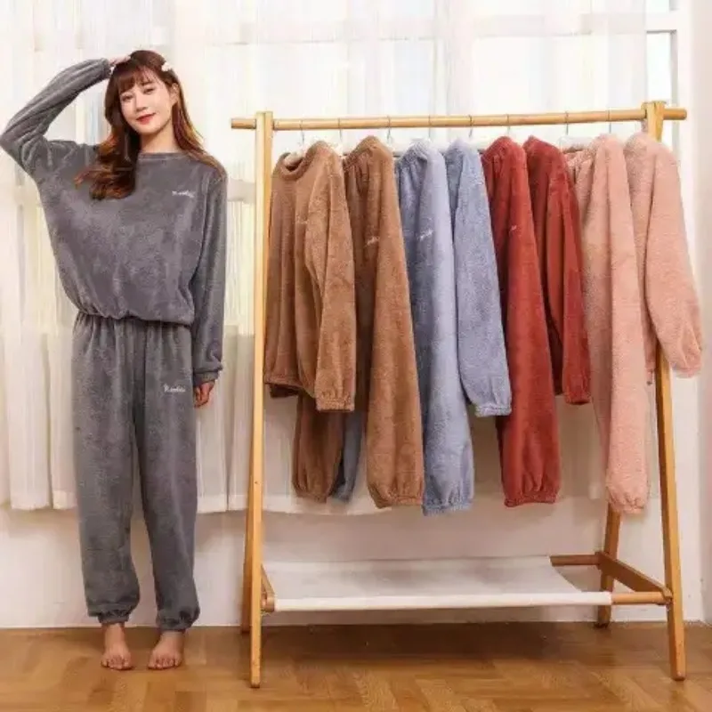 

Autumn Winter Warm Flannel Women Pyjamas Sets Thick Coral Velvet Long Sleeve Solid Color Sleepwear Flannel Pajamas Set Girl
