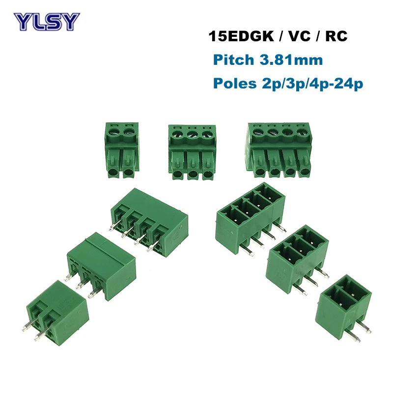 

10/5Pcs Pitch 3.81mm Screw Plug-in PCB Terminal Block 2/3/4/5/6/7/8P 15EDGK Pluggable Connector Vertical Pin Male/Female