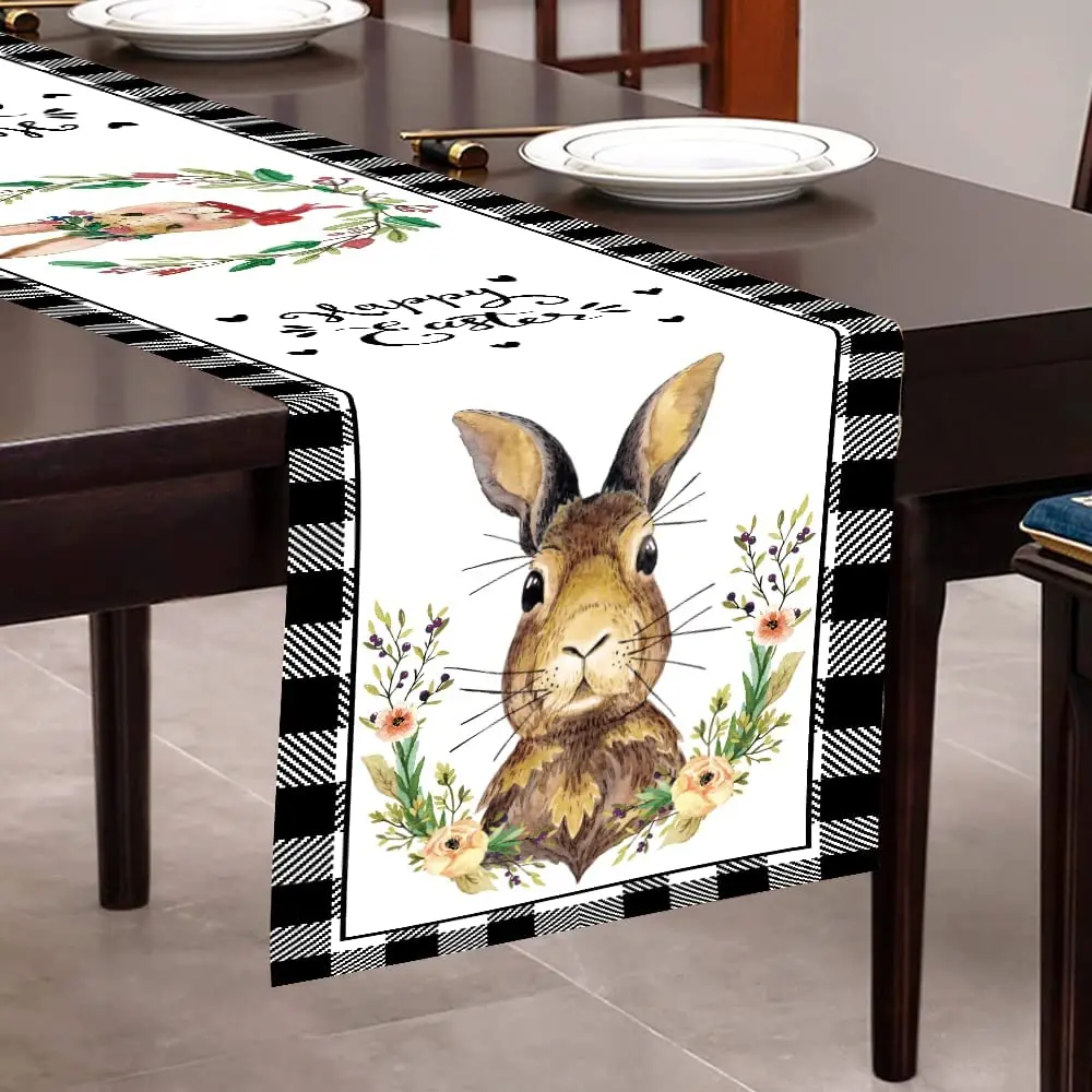 

35*180cm Polyster Buffalo Plaid Easter Table Runner Classic Black White Checker Rabbit Flower Tablecloth for Spring Easter Party