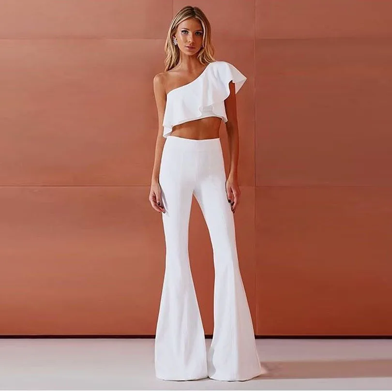 

2022 New Summer Women's White 2 Two Pieces Sets Sexy One Shoulder Ruffles Tops &Full Pants Fashion Club Party Outwear Sets
