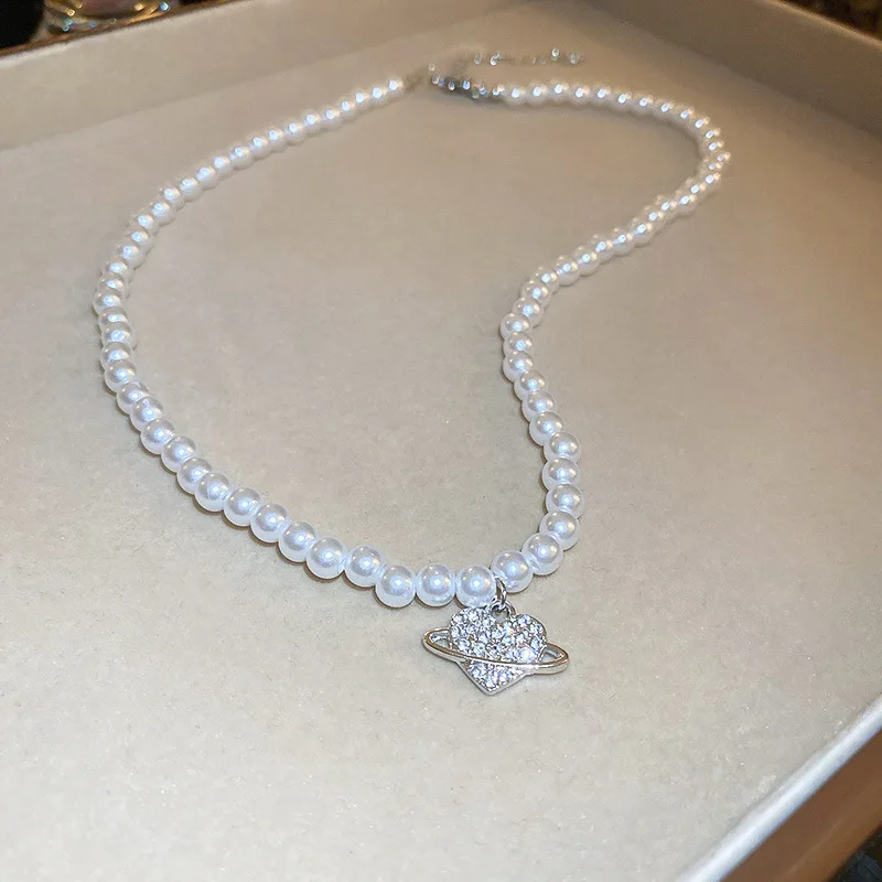 

Minar Korean Fashion Faux Pearl Strand Chain Choker Necklaces for Women Shiny Rhinestone Heart Pendant Necklace Accessories 2022