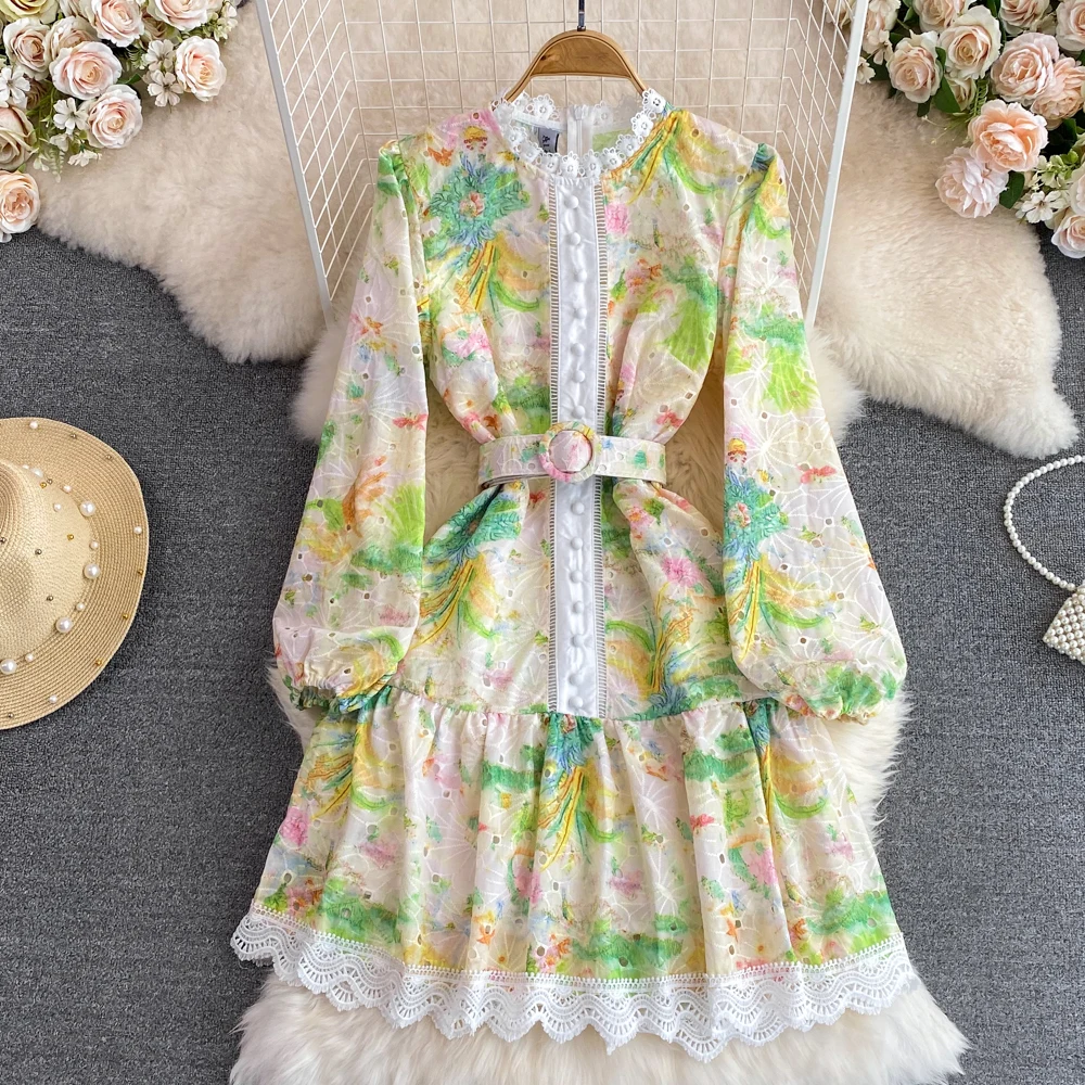 

Runway Embroidery Mini Dress Vintage Women's Lantern Sleeve Yellow Hollow Out Single Breasted Lace Trims Party Vestidos Female