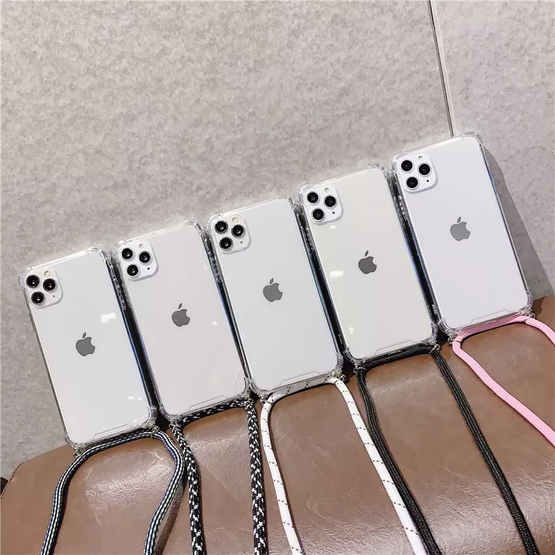 

2023NEW Crossbody Necklace Cord Lanyards Transparent soft Phone Case For iphone 12 6 6S 7 8 Plus X XR XS 11 Pro Max S8 S9
