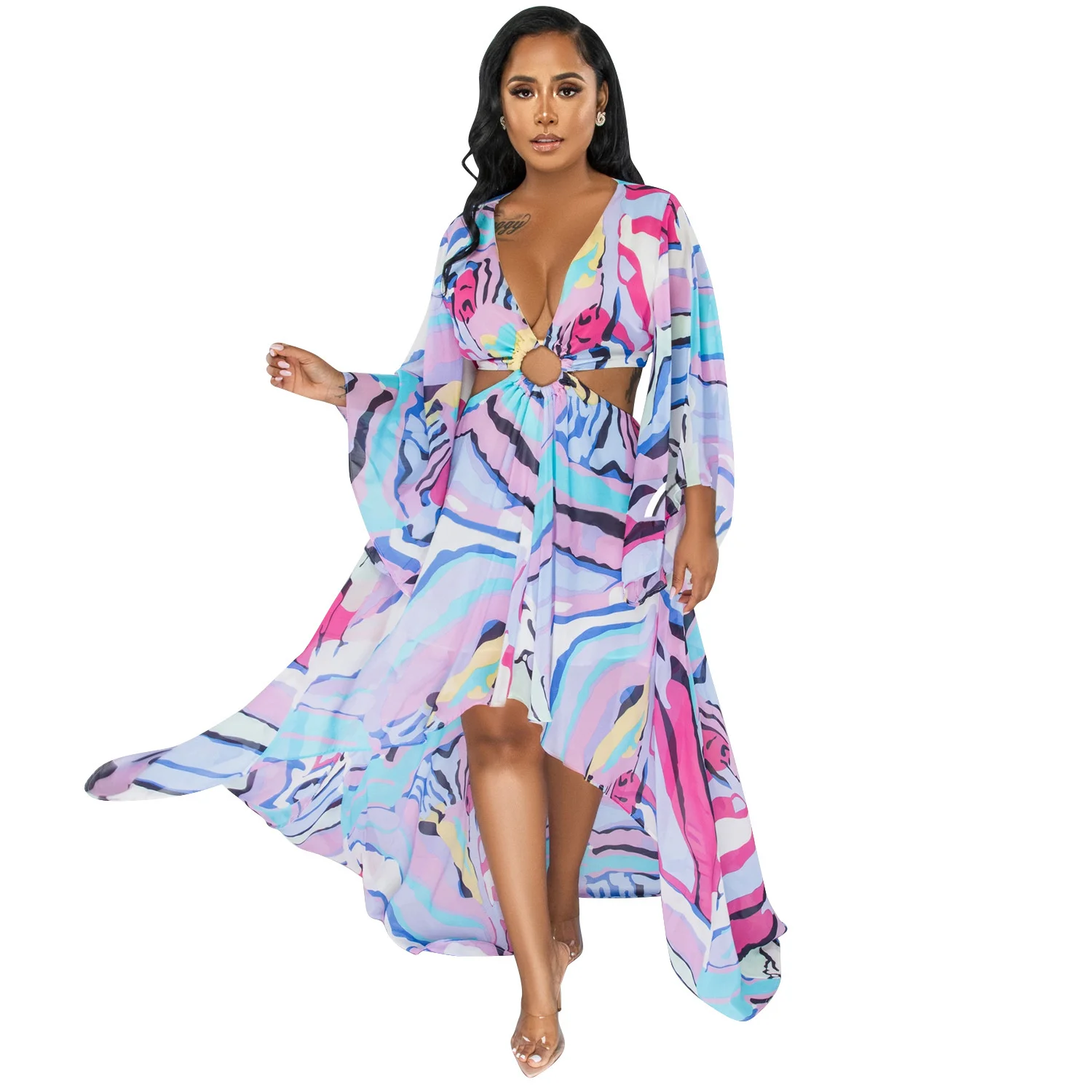 

Sylph Fashion Color Painting Dresses Women V-neck Hollow Out Vestidos Long Sleeve Elegant Irregular Long Dress Woman Clothes