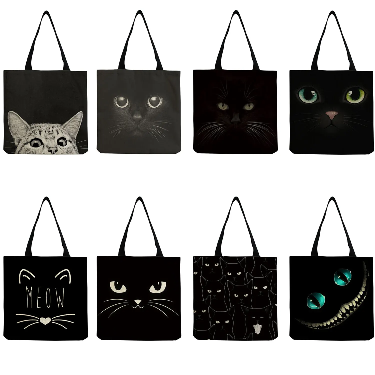 

Eco Reusable Cartoon Black Cat Printed Shopping Bag Women's Shoulder Bags Fashion Tote Bag Ladies Travel Handbags High Capacity