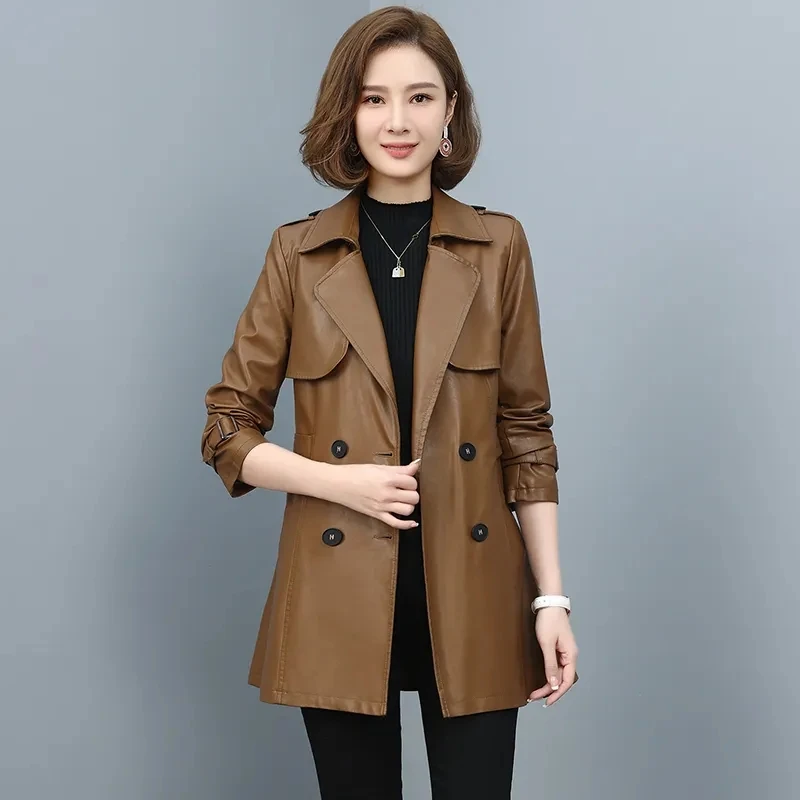 Women Imitation Sheep Leather Trench Coat 2022 New Autumn Fashion Double Breasted Solid Sheepskin Leather Jacket Tops