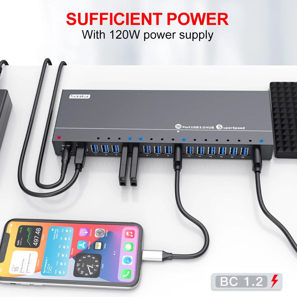 Фото НОВЫЙ USB-концентратор Sipolar на 16 портов USB 3.0 с адаптером питания, высокоскоростной хаб для передачи данных для ПК/ноутбуков/Mac, настольный USB-концентратор расширения №5