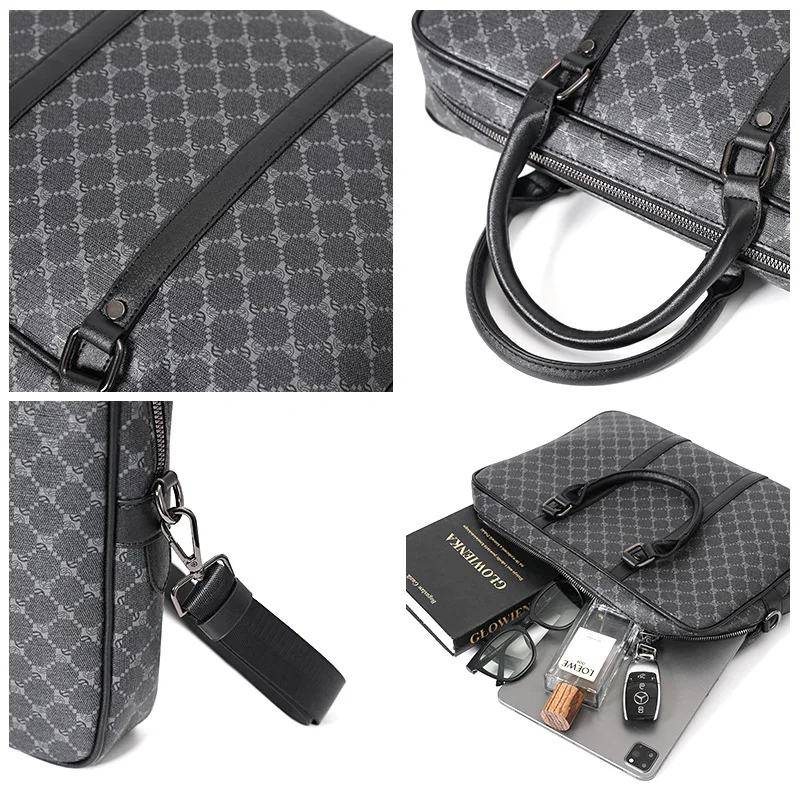 New Classic Fashion Men Briefcase Famous Brand Design Plaid PU Leather Laptop Handbag Male Office Business Travel Bags