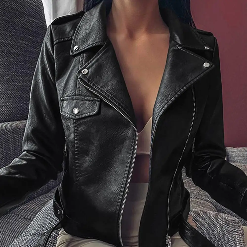 Slim Fit  Soft Women Faux Leather Motorcycle Clothing Fashion Women Jacket Zipper Closure   Streetwear