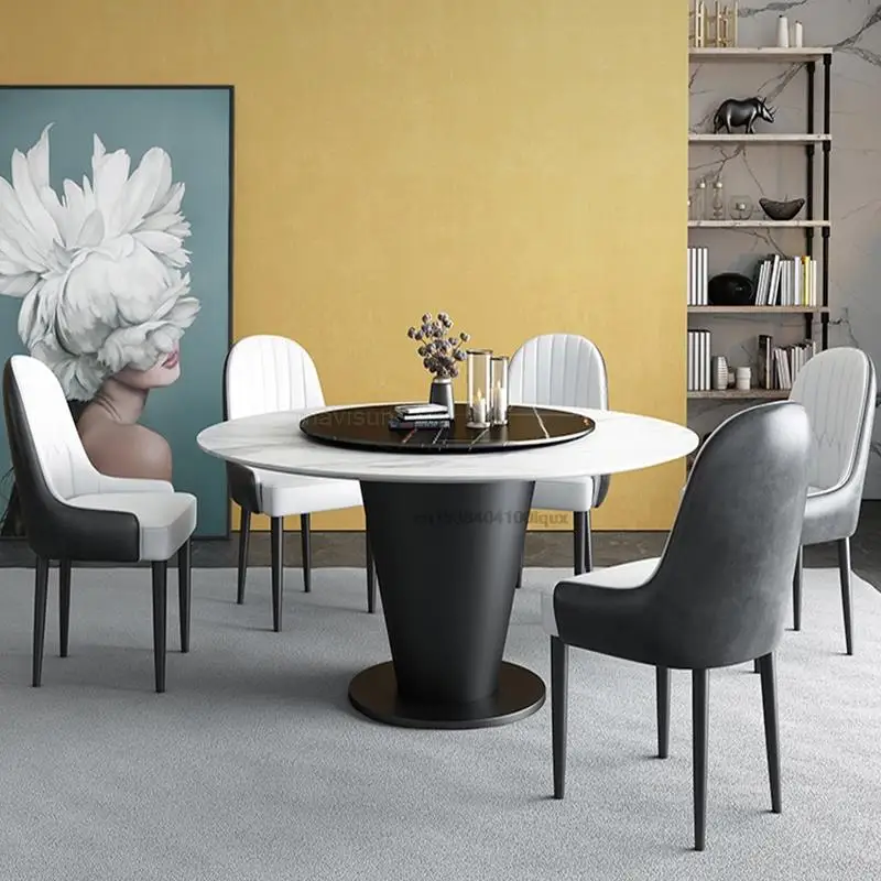 Круглый мраморный вращающийся стол в итальянском стиле с 4 обеденными стульями