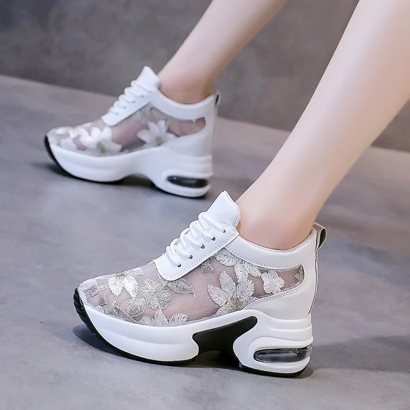 

Platform Women Sneakers Fashion 2022 New Summer White Lace Women's Sports Shoes Flowers Casual Wedges Mesh Breathable Woman