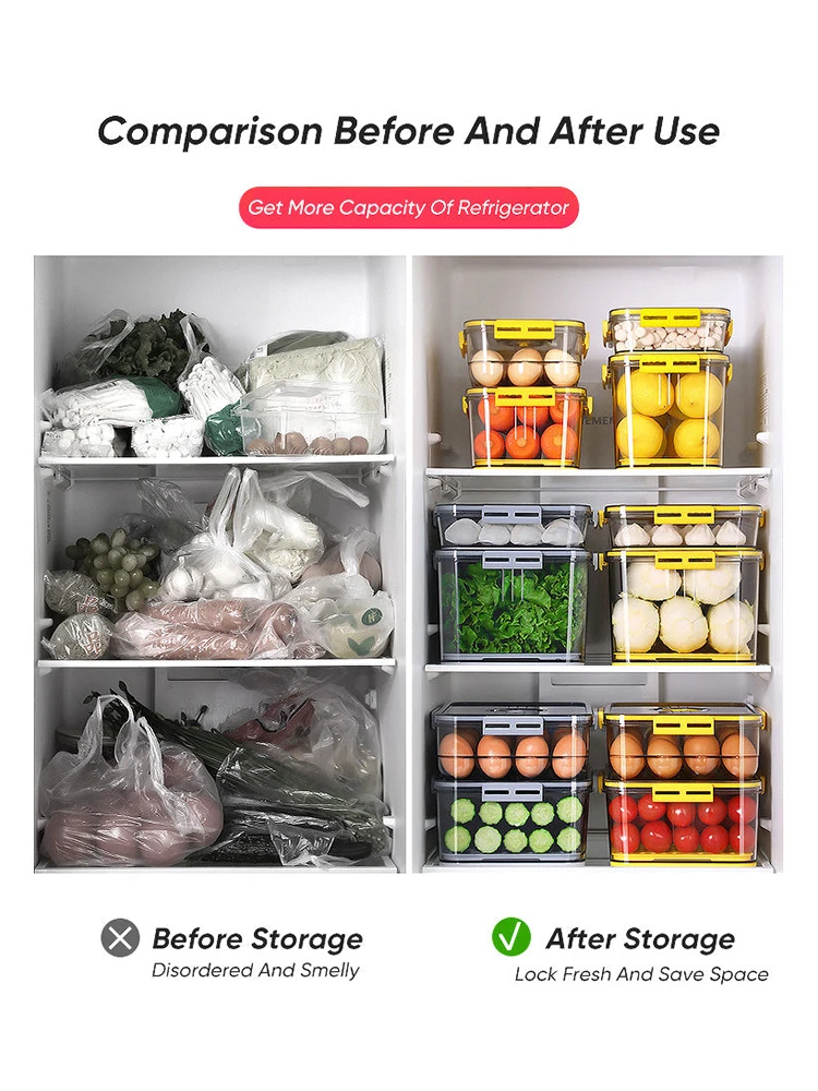 

Refrigerator Food Storage Containers Kitchen Separate Freezer Seal Bin for Vegetable Fruit Meat Fresh Box Organizer