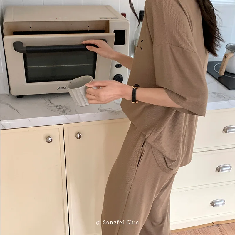 New Home Clothes Women's Pajamas Short Sleeve Modal Soft Continuous Solid Color Embroidery Nightdress Set Pyjamas Women