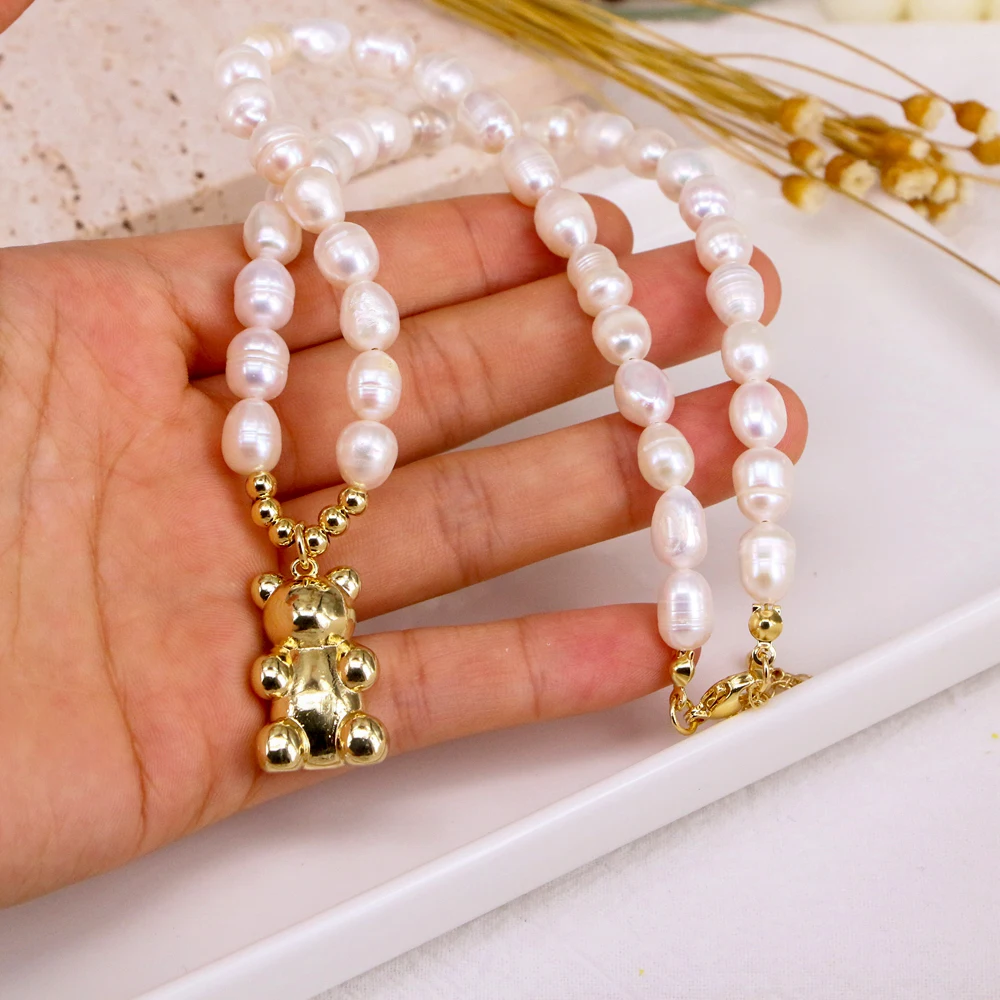 3 шт., ожерелье из жемчуга с золотым медведем, более свежие жемчужные бусины, ожерелья для женщин и девушек, жемчужная цепочка, чокер, ювелирные изделия, подарки
