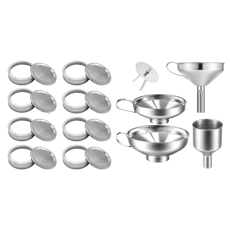 

2 набора кухонных принадлежностей: 1 набор консервных крышек, обычных крышек и лент, 1 набор кухонных воронок из нержавеющей стали