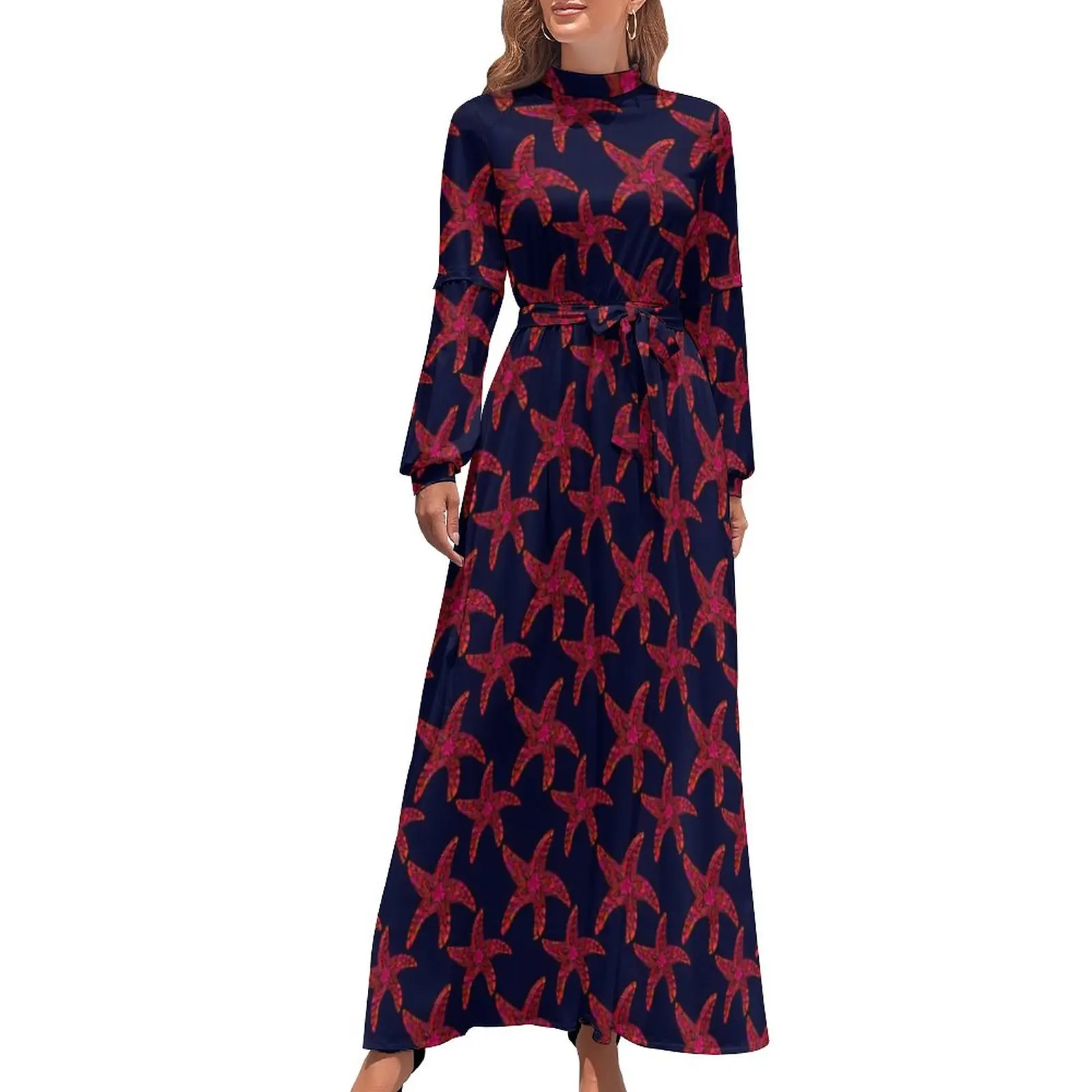 

Red Starfish Style Dress Cute Animal Casual Bohemia Dresses Female Long-Sleeve High Waist Party Long Maxi Dress