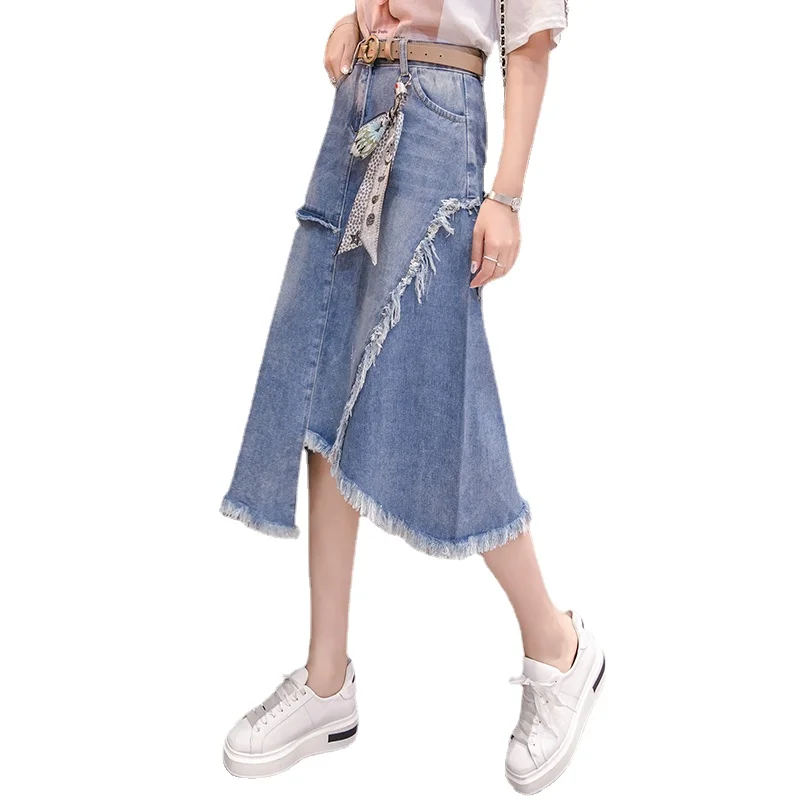 

Женская джинсовая юбка-трапеция, с завышенной талией, средней длины