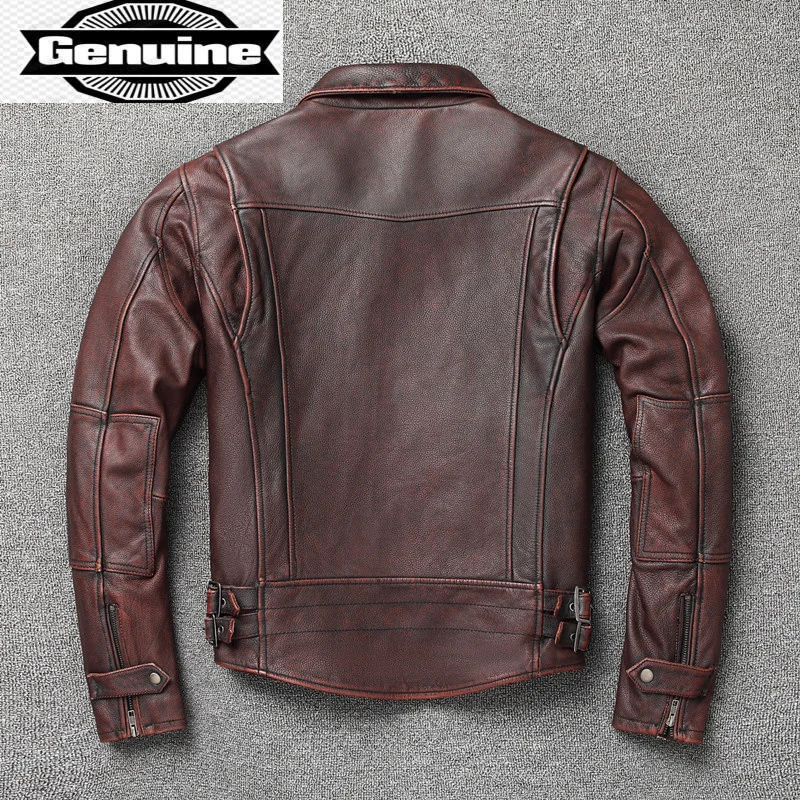 

Мужская кожаная куртка KJ7773, коричневая винтажная мотоциклетная куртка из натуральной коровьей кожи, весна-осень 2023