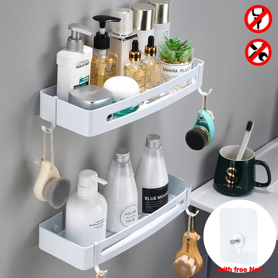 

Triangle Bathroom Shelf with Hooks White Aluminum Rectangle Kitchen Bathroom Shower Soap Shampoo Rack Storage Organizer Adhesive