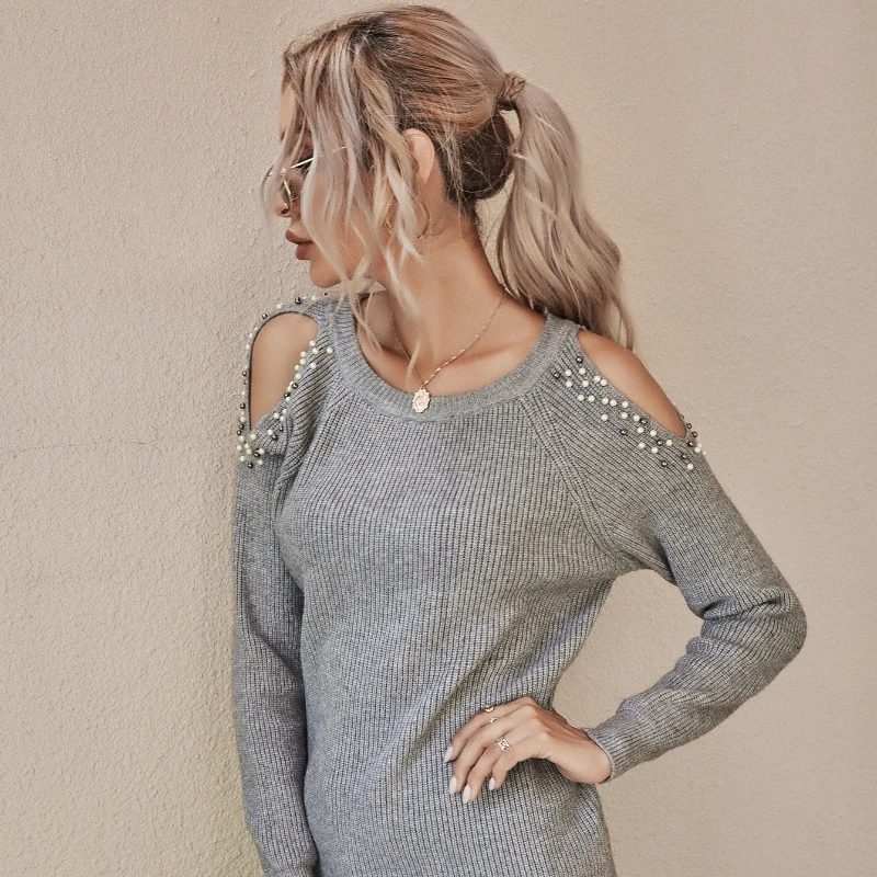 

2022 Autumn and Winter New off-the-Shoulder Beaded Pullover Knitted Sweater Women