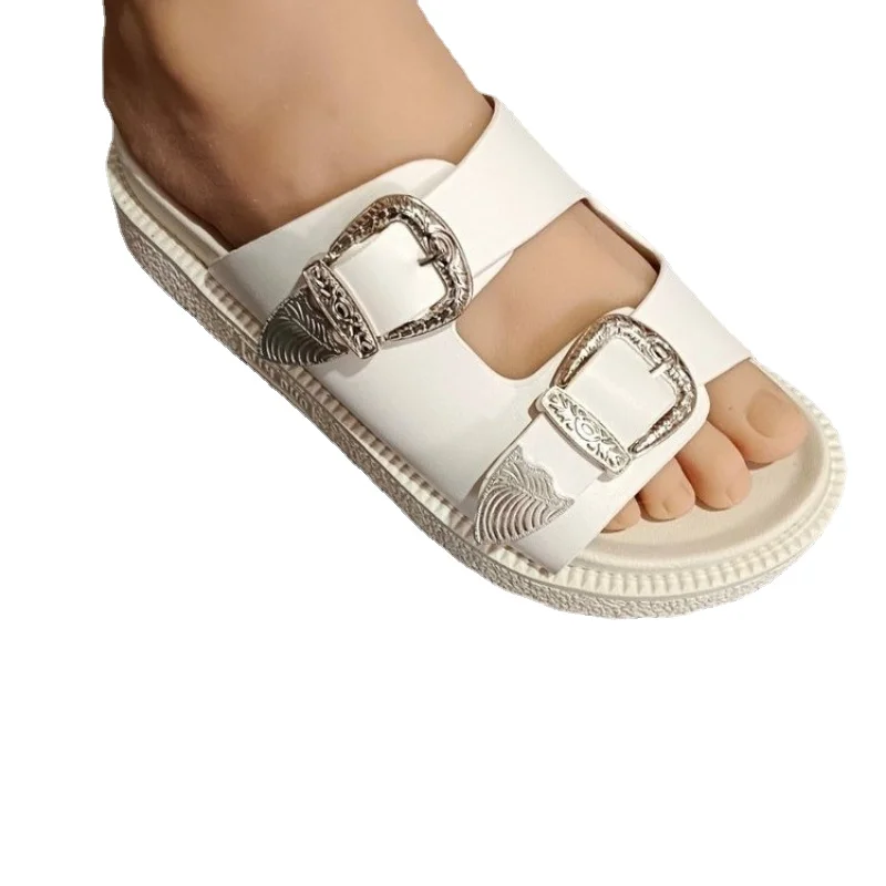 Shoes for Women New Summer Leopard Metal Decoration Leather Button Women's Slippers Non Slip Casual Ladies Sandals Beach Flats