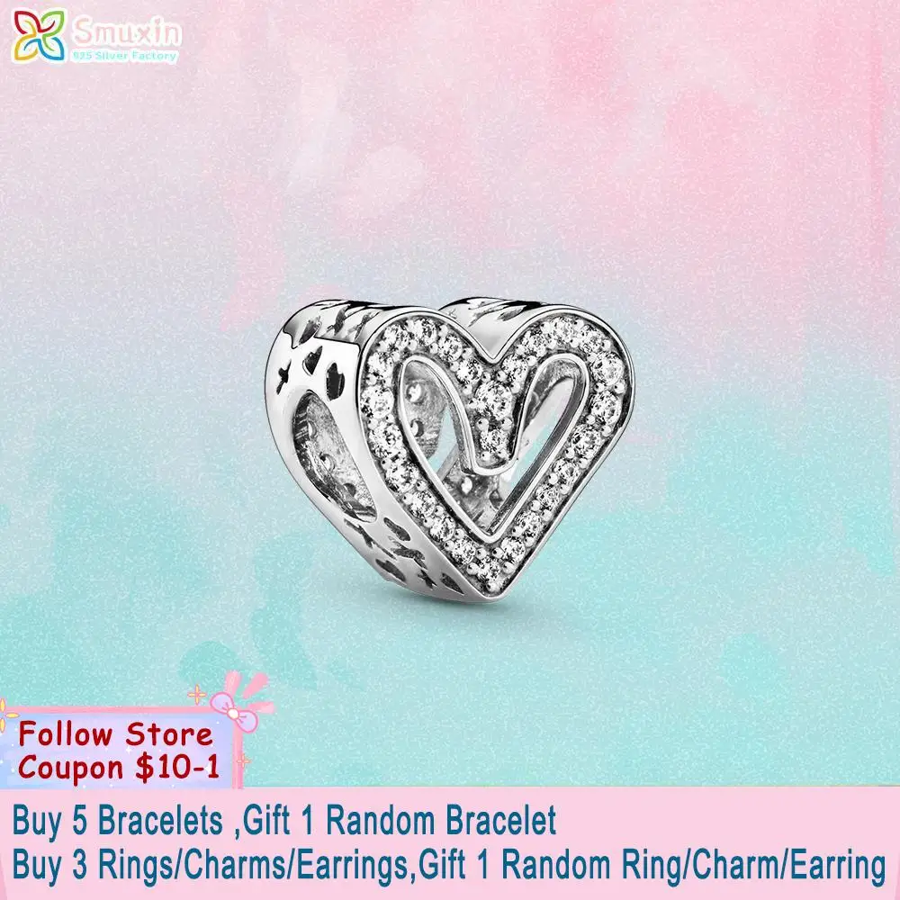

Smuxin S925 Silver Beads Sparkling Silver Freehand Heart Charms fit Original Pandora Bracelets for Women Jewelry Making
