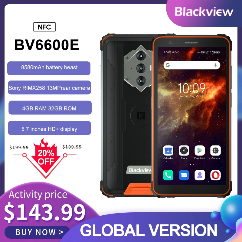 Смартфон Blackview BV6600E защищенный IP68 8580 мАч 4 + 32 ГБ 5 7 дюйма NFC Android 10 |