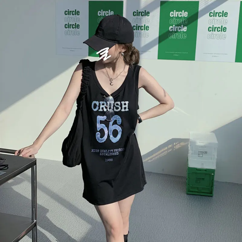 

Text Sports Tank Tops Women Summer Loose Round Neck Long Tank Sportswear Sleeveless T-shirt Text Sleeveless Tops