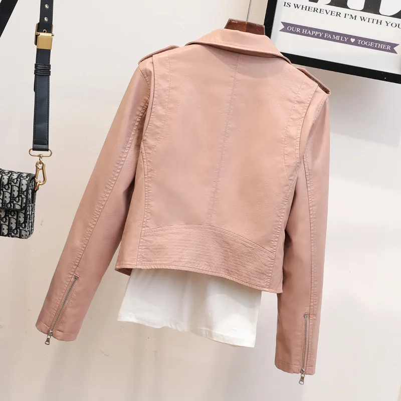 2023 autumn clothes new lapel short slimming Korean version of leather jacket epaulettes women's leather jacket