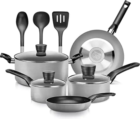 

11" Kitchenware Pots & Pans Basic Kitchen Cookware, Black Non-Stick Coating Inside, Gray
