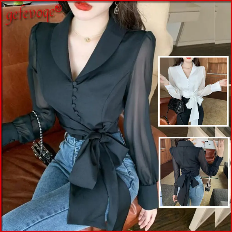 

Блузка женская шифоновая с V-образным вырезом и длинным рукавом