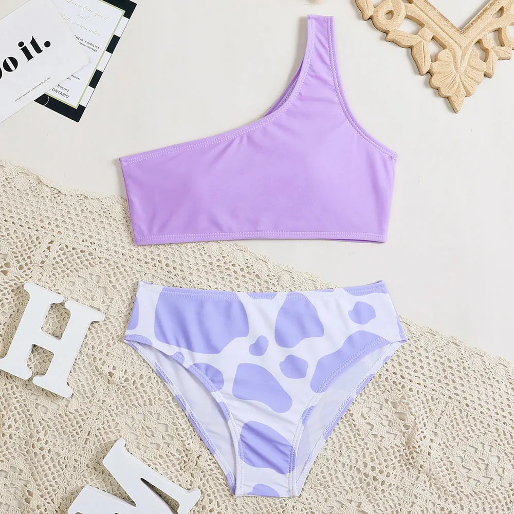 

Комплект бикини на одно плечо, купальник для девочек с коровьим принтом, детский купальник из двух предметов, купальный костюм для подростк...