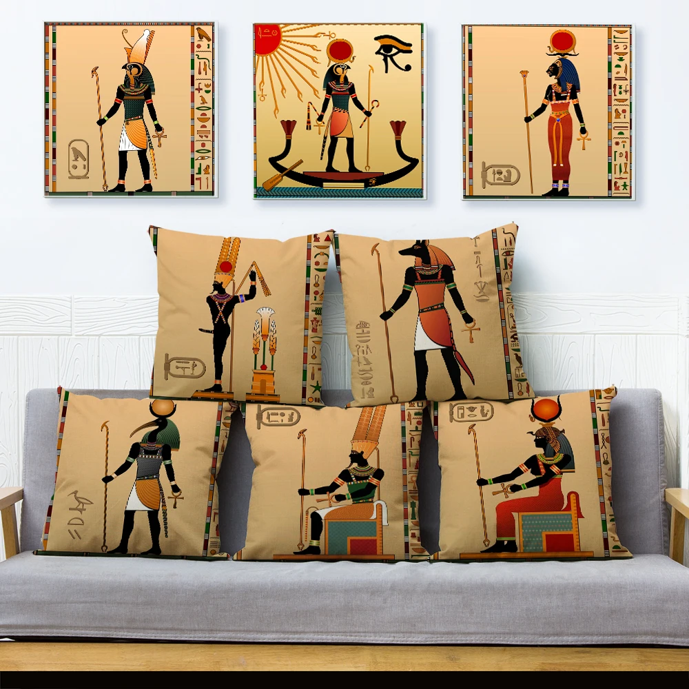 

Ancient Egypt Totem Pharaoh Print Cushion Cover Beige Linen Pillowcase 45*45cm Pillows Covers Sofa Home Decor Pillow Case