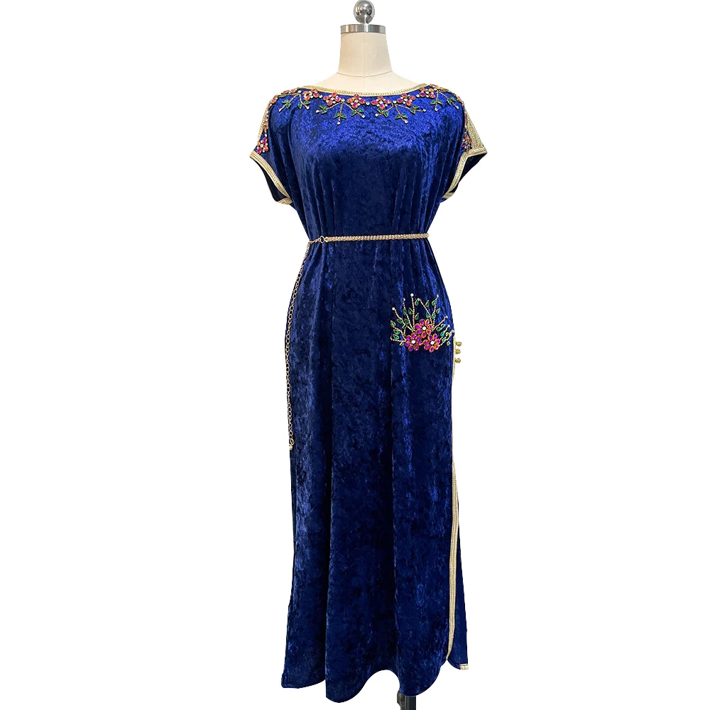 Muslim Dress Navy Blue Velvet Hand Sewn Diamond Dress Autumn Winter New Long Dress Abaya Robe Islamic Robe Party Vintage Dress