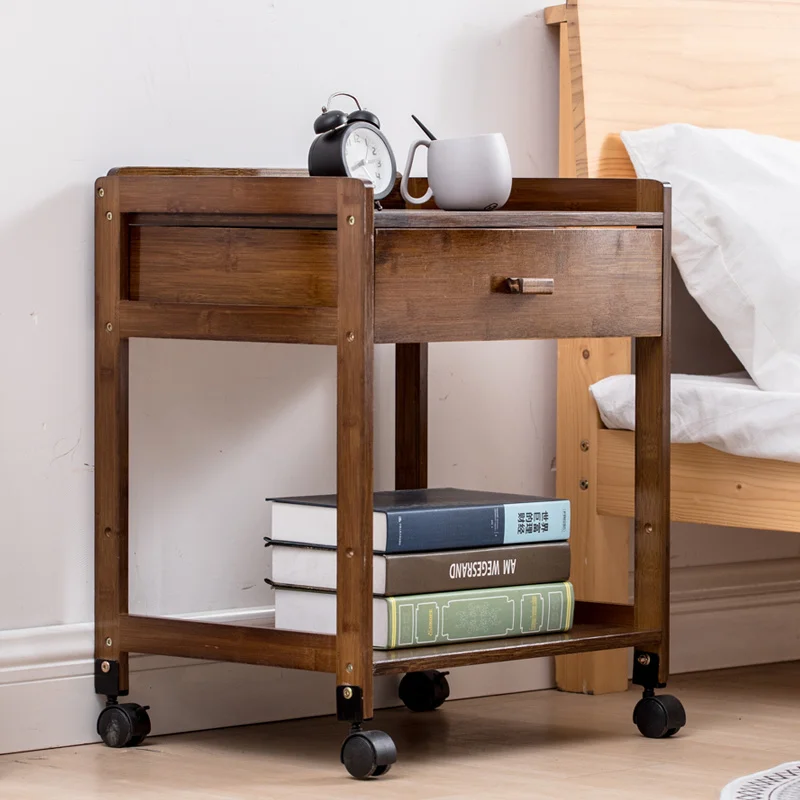 Storage Rack Simple Mobile Book shelf Floor-to-ceiling Small Solid Wood Pulley Bamboo Living Room Bedroom Bedside Table