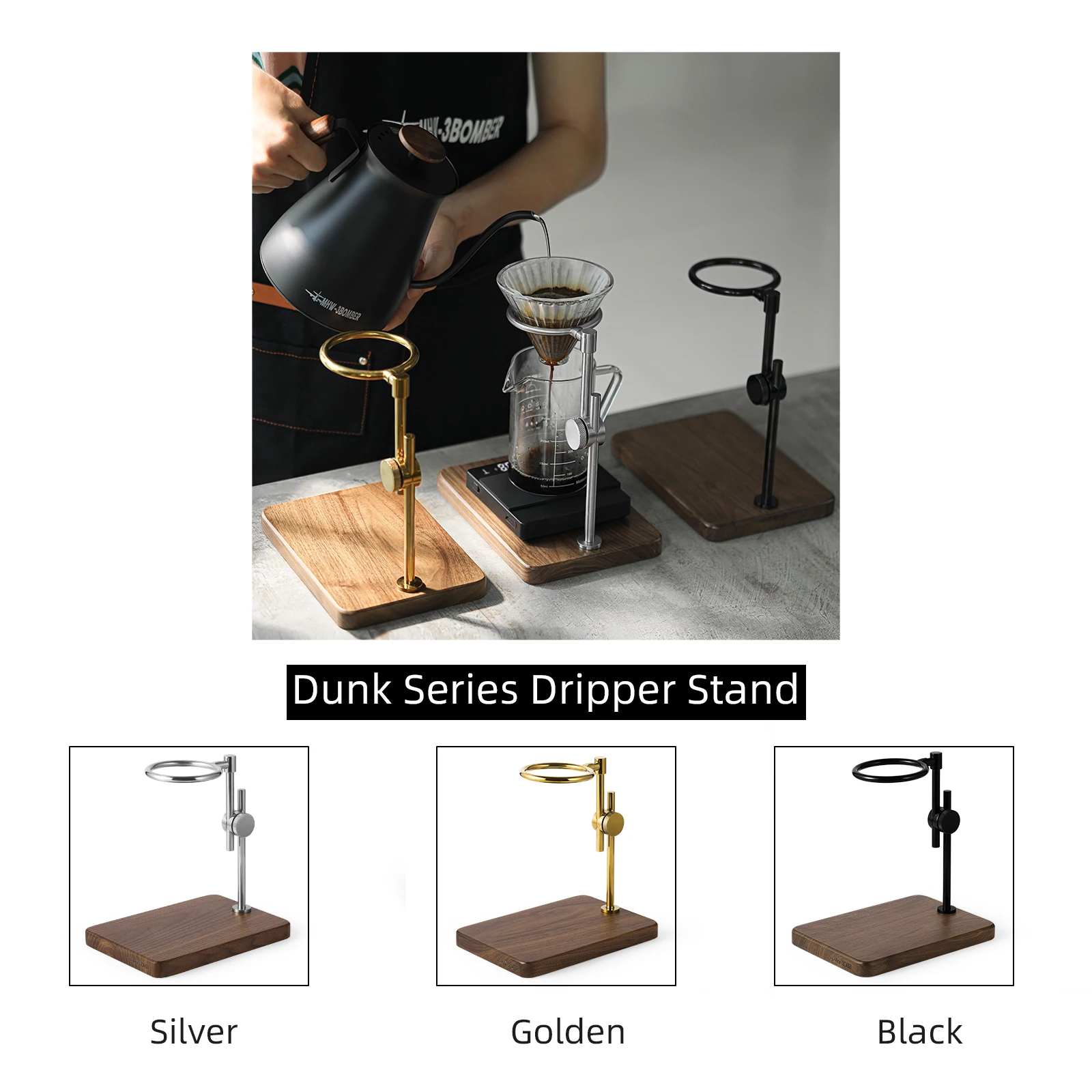 

MHW-3BOMBER V60 Pour Over Drip Station Adjustable Depth Filter Cup Drip Stand Home Barista Accessories Vintage Wood Base Dripper